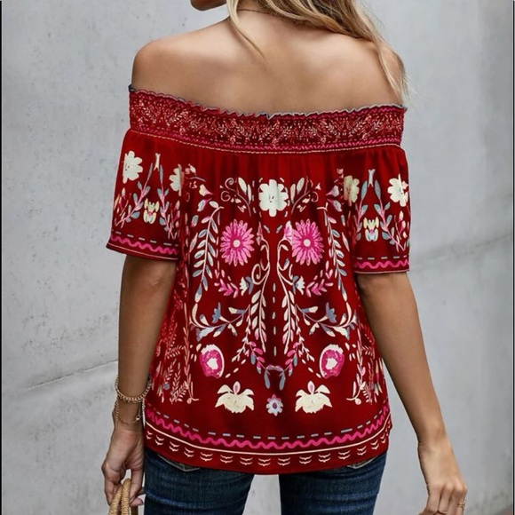 Boho floral print off shoulder blouse White - Picture 6 of 9